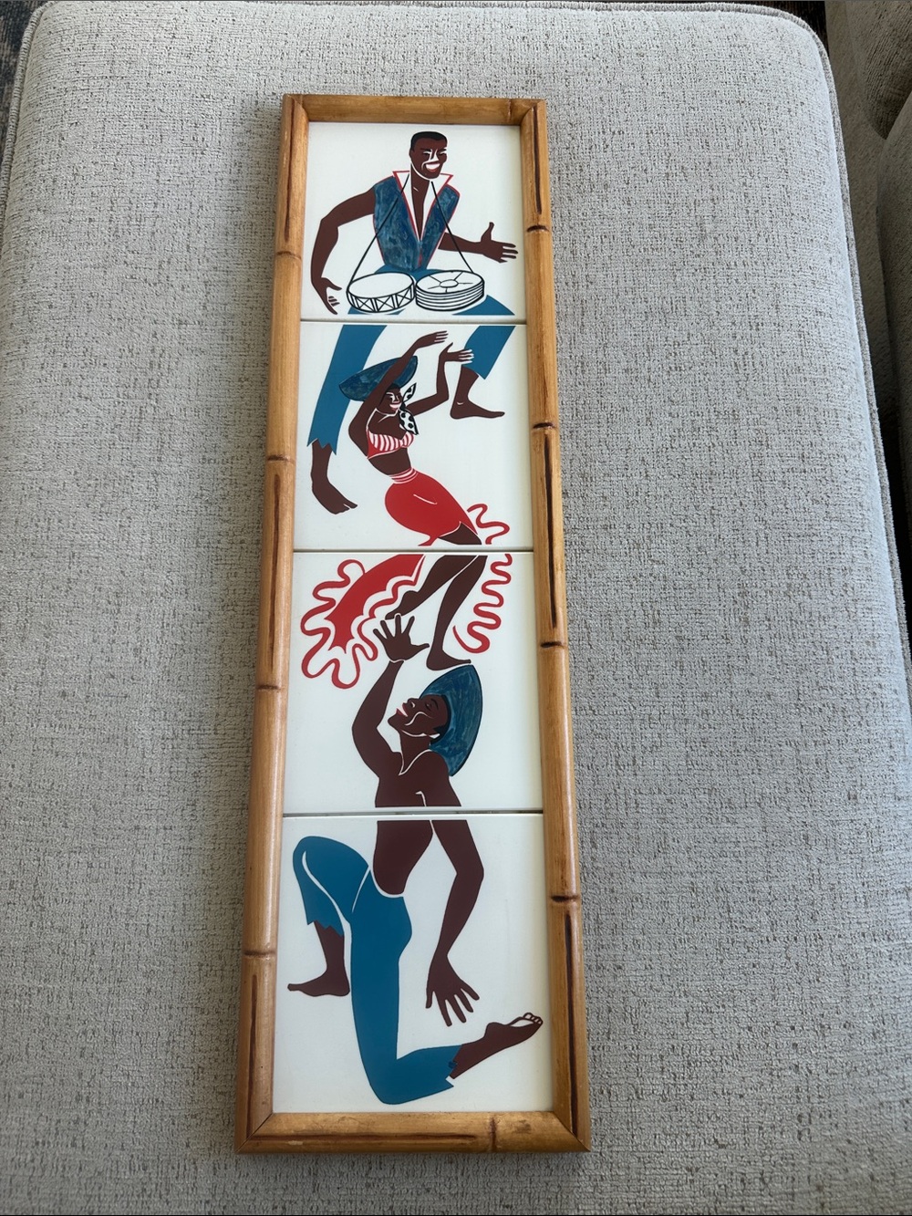 Mid-Century Modern Tropical Island Dancers Panel - Faux Bamboo Frame